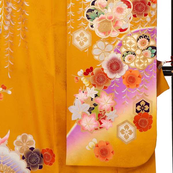 未仕立て 振袖 22点セット「オレンジ×紫 松竹梅桜藤に鶴」仮絵羽