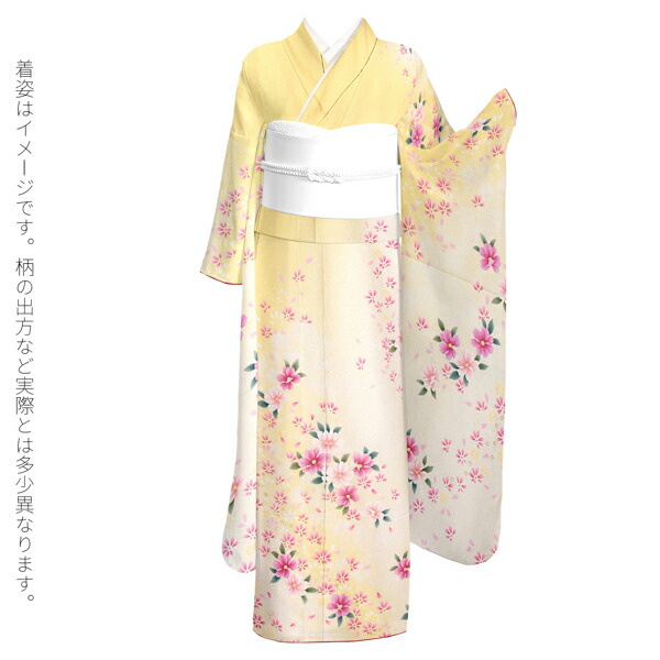 未仕立て 振袖 単品 「クリーム色×黄色 桜」 仮絵羽 振り袖 正絹 着物