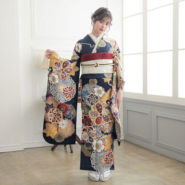 未仕立て 振袖 22点セット「紺 友禅 梅に楓と鈴」仮絵羽 振り袖 正絹