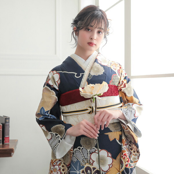 未仕立て 振袖 22点セット「紺 友禅 梅に楓と鈴」仮絵羽 振り袖 正絹