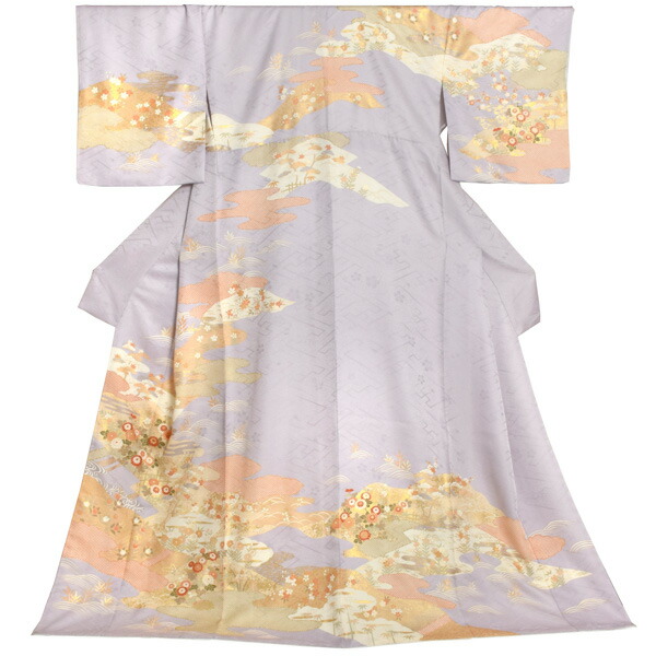 訪問着 お仕立て上がり 単品「薄藤色 霞、籬に菊」正絹着物 礼装 正絹