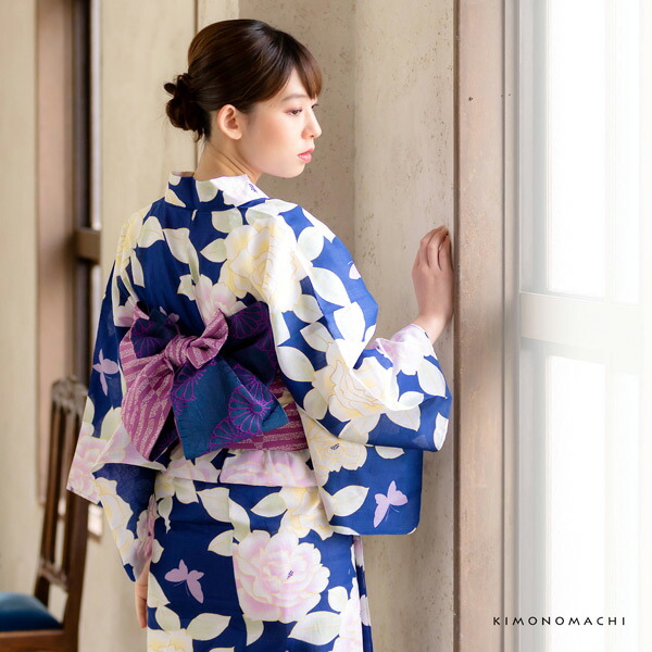 KIMONOMACHI 浴衣 レディース 浴衣と帯の2点セット 「浴衣 ブルー 薔薇