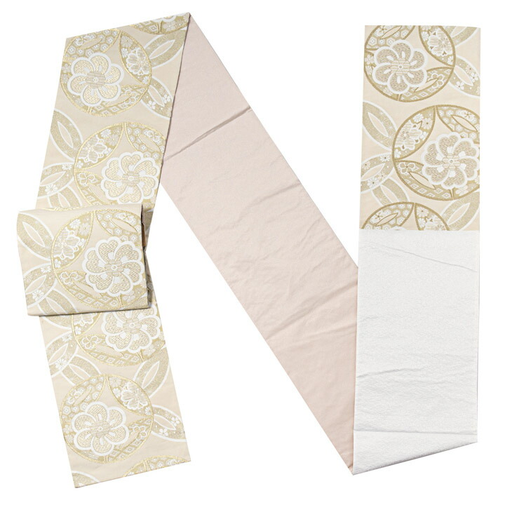 振袖 袋帯 単品「象牙色地、白金×砂色 ねじ花に七宝」六通柄 日本製 お