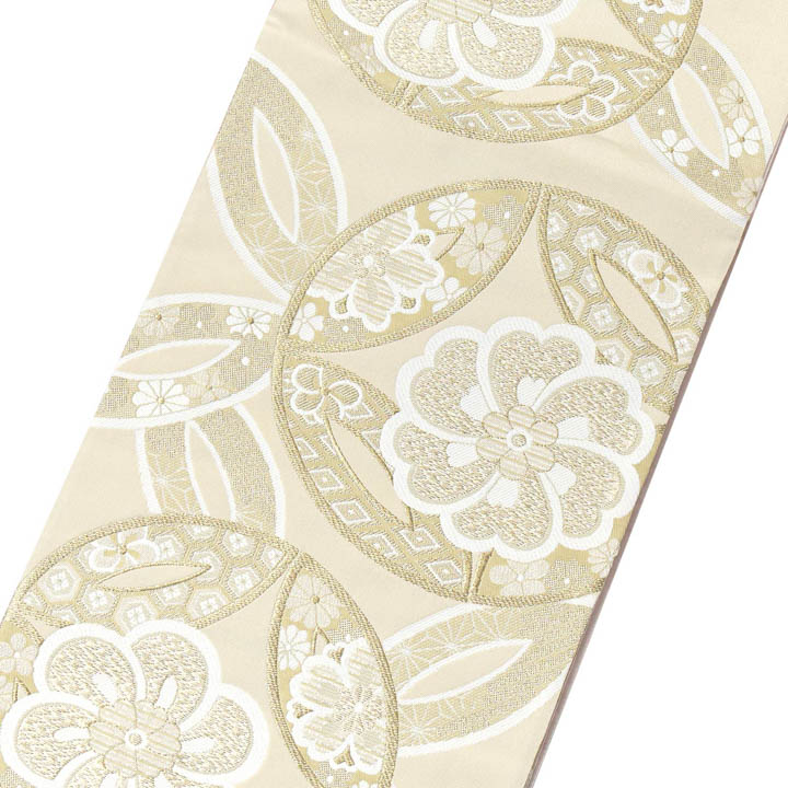 振袖 袋帯 単品「象牙色地、白金×砂色 ねじ花に七宝」六通柄 日本製 お