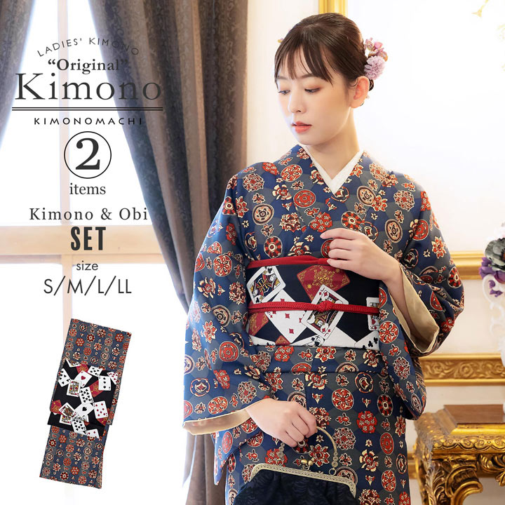 KIMONOMACHI 洗える着物 セット「袷着物：丸花更紗に菱紺鼠色＋京袋帯