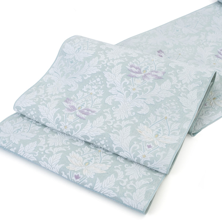 名古屋帯 正絹 なごや帯 九寸 弥栄織物 六通 西陣織 水色 小紋 色無地