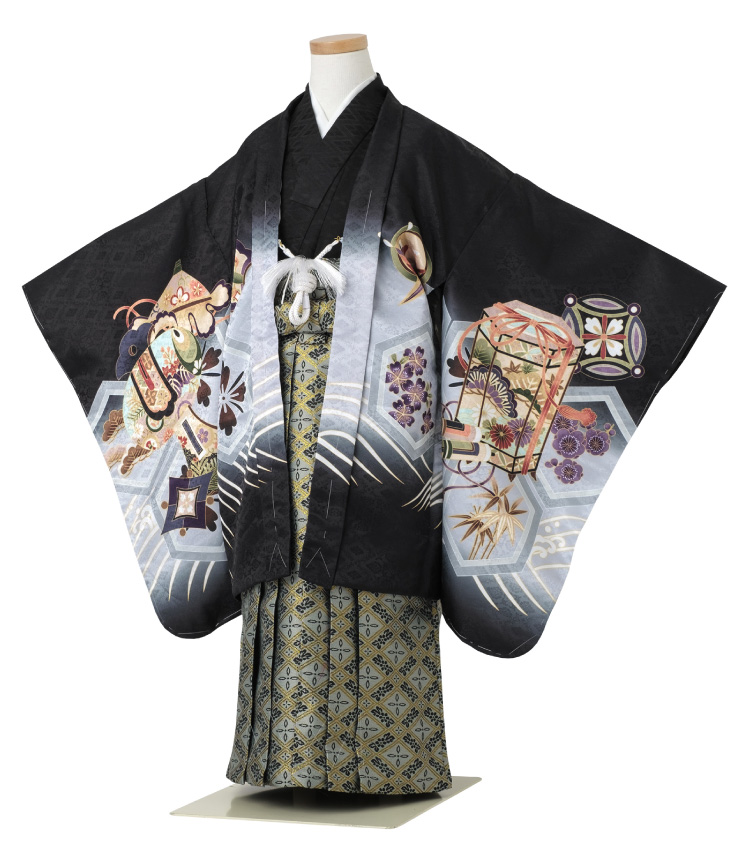 七五三 着物 男の子 五歳 13点フルセット 光 鷹 熨斗 黒 羽織袴セット