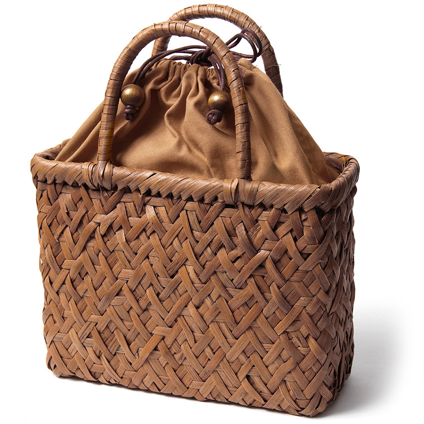 山葡萄 籠バッグ 柿渋染め 巾着 変わり斜め綱代編 茶色 女性用 鞄 かご