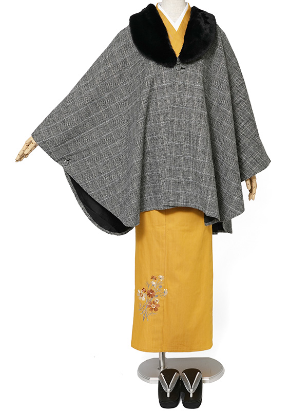 ケープ コート JAPAN MODE グレンチェック グレー ファー ポンチョ 冬