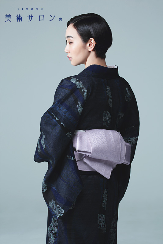 浴衣 美術サロン 綿絽 よろけ縞 渦 紺 細密染め 古典柄 レディース