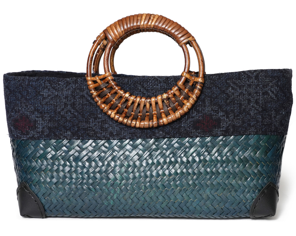 和装バッグ 紬 編みかご ハンドバッグ 鞄 手提げ ツートン 正絹