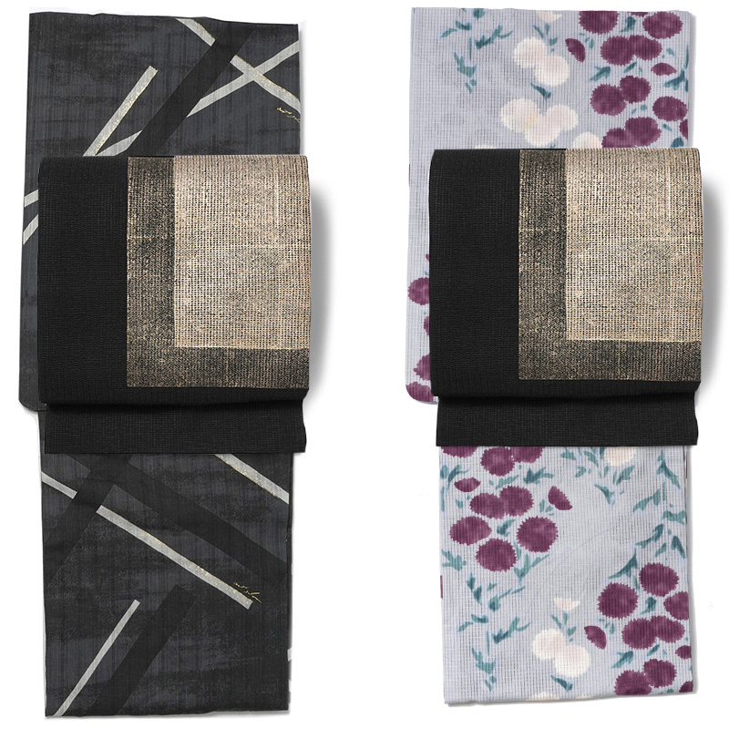誉田屋源兵衛 名古屋帯 箔重ね 金箔 黒 幾何学模様 正絹 夏帯 仕立て