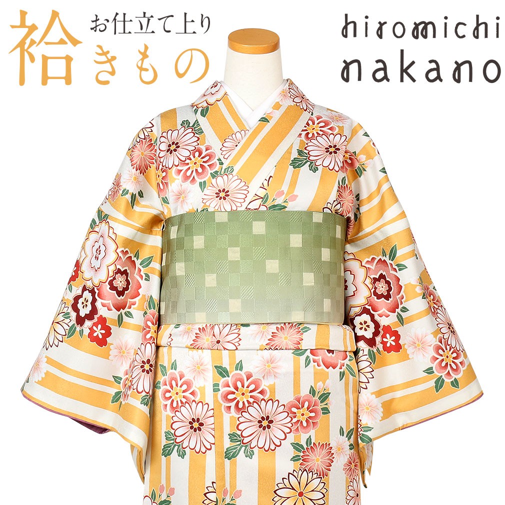 Kisste（キステ） 着物 小紋 袷 薄橙 ストライプに八重桜 菊 M Lサイズ