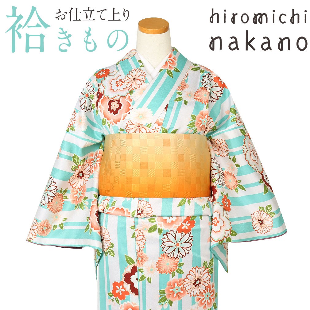 Kisste（キステ） 着物 小紋 袷 水浅葱 ストライプに八重桜 菊 M L