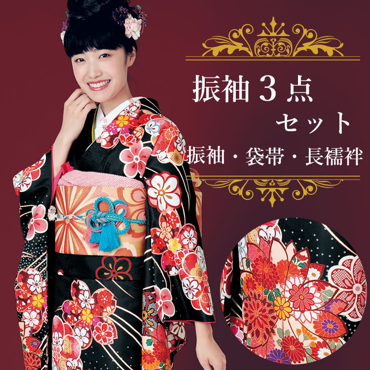 H.L（アッシュ・エル） 振袖3点セット 黒地吉祥華紋 振袖 袋帯 長襦袢