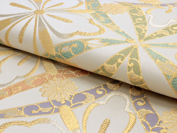 袋帯 フォーマル 全通 薄クリーム 金 銀 七宝 花菱 礼装用 仕立て上り