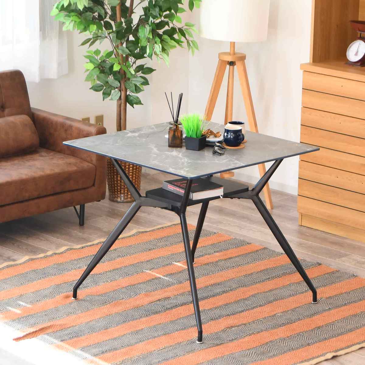 ダイニングテーブル 2人掛け 大理石調 収納スペース付き 幅80cm （ 石