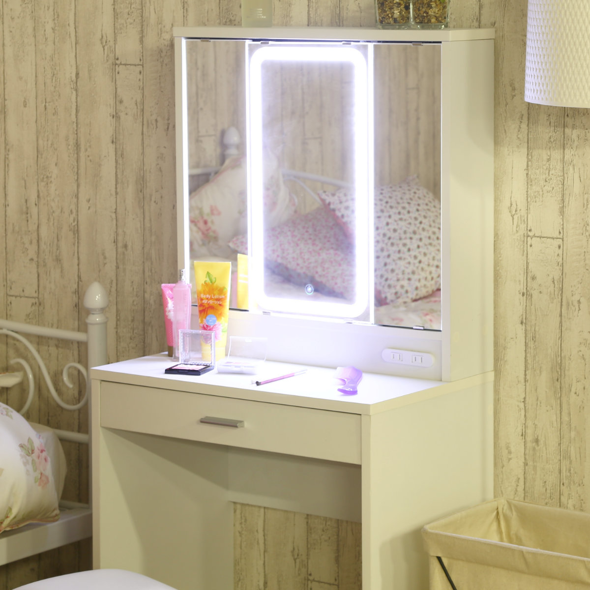 不二貿易（Fuji Boeki） ドレッサー 三面鏡 鏡台 収納 LEDライト付