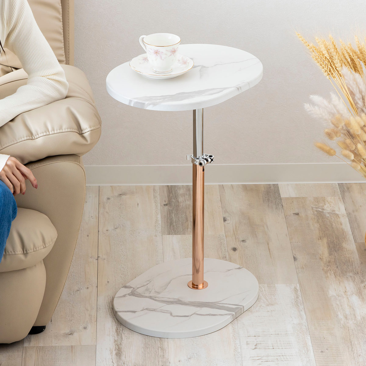 サイドテーブル 昇降式 高さ41.5〜64.5cm （ 高さ調節 大理石調 ピンク