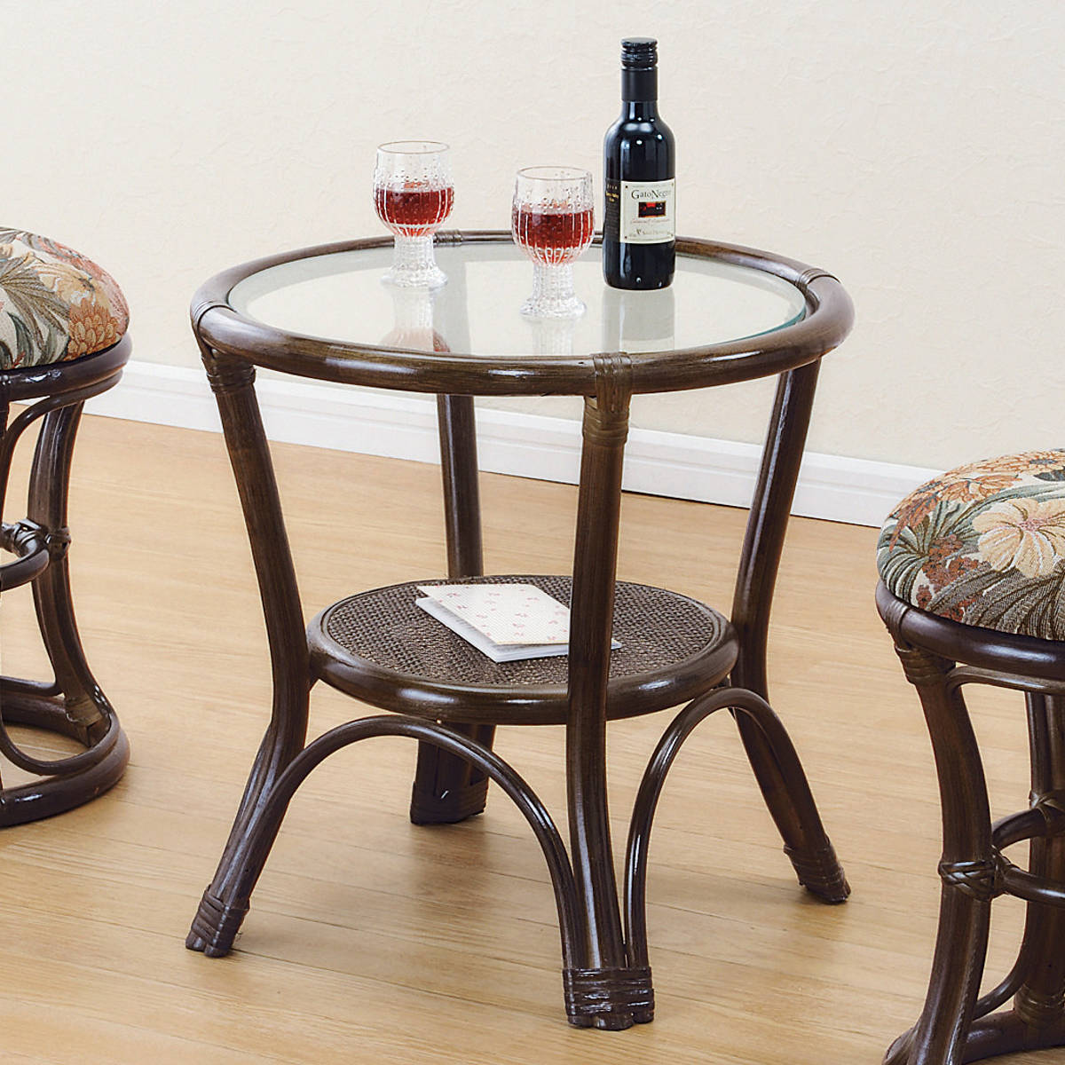 今枝商店 籐 円型テーブル ガラス天板 棚付 直径45cm （ カフェ