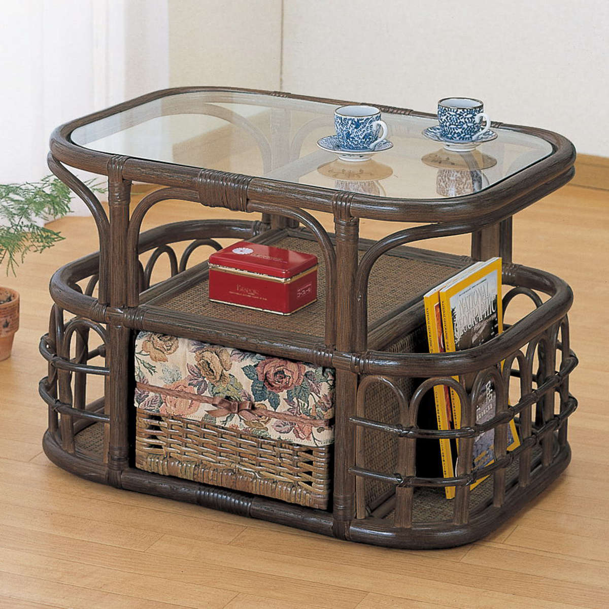 今枝商店 籐 収納付 ローテーブル ガラス天板 幅65cm （ センター