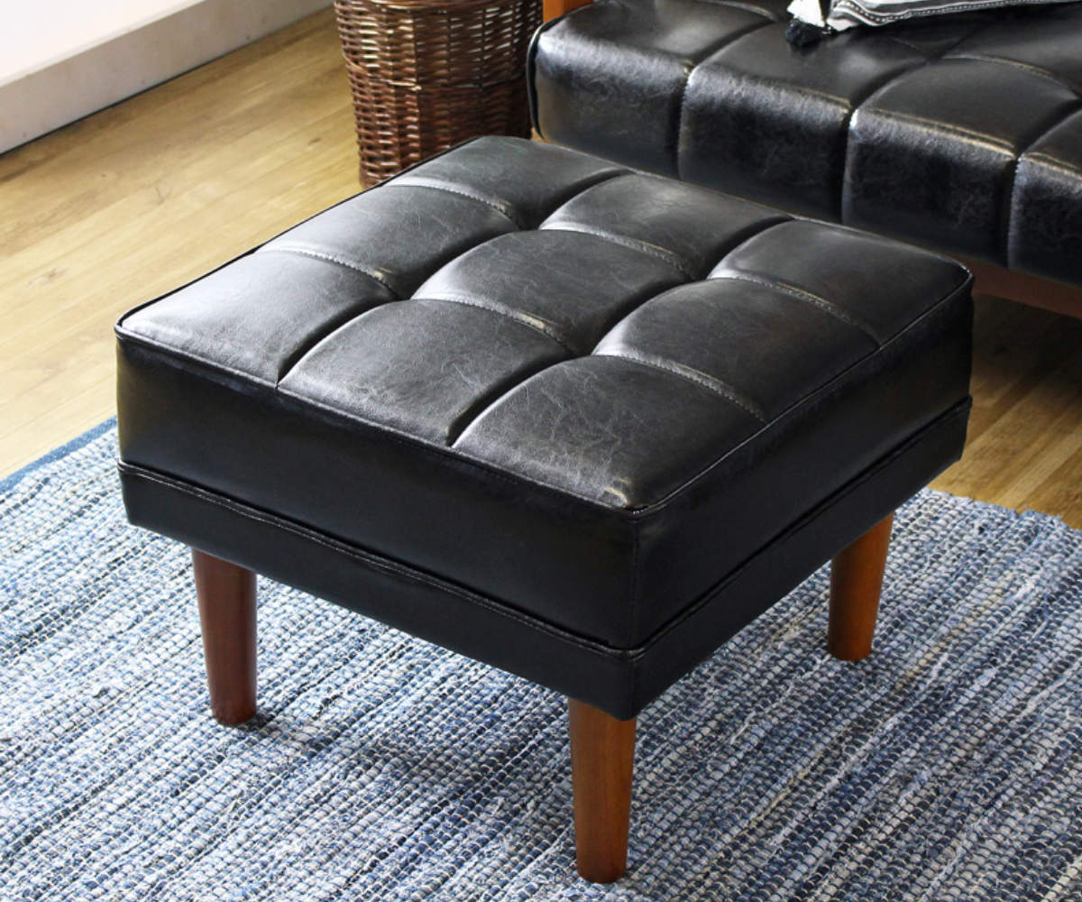 ブラック 本革 オットマン スツール 腰掛 65cm x 55cm x 41cm ブラック