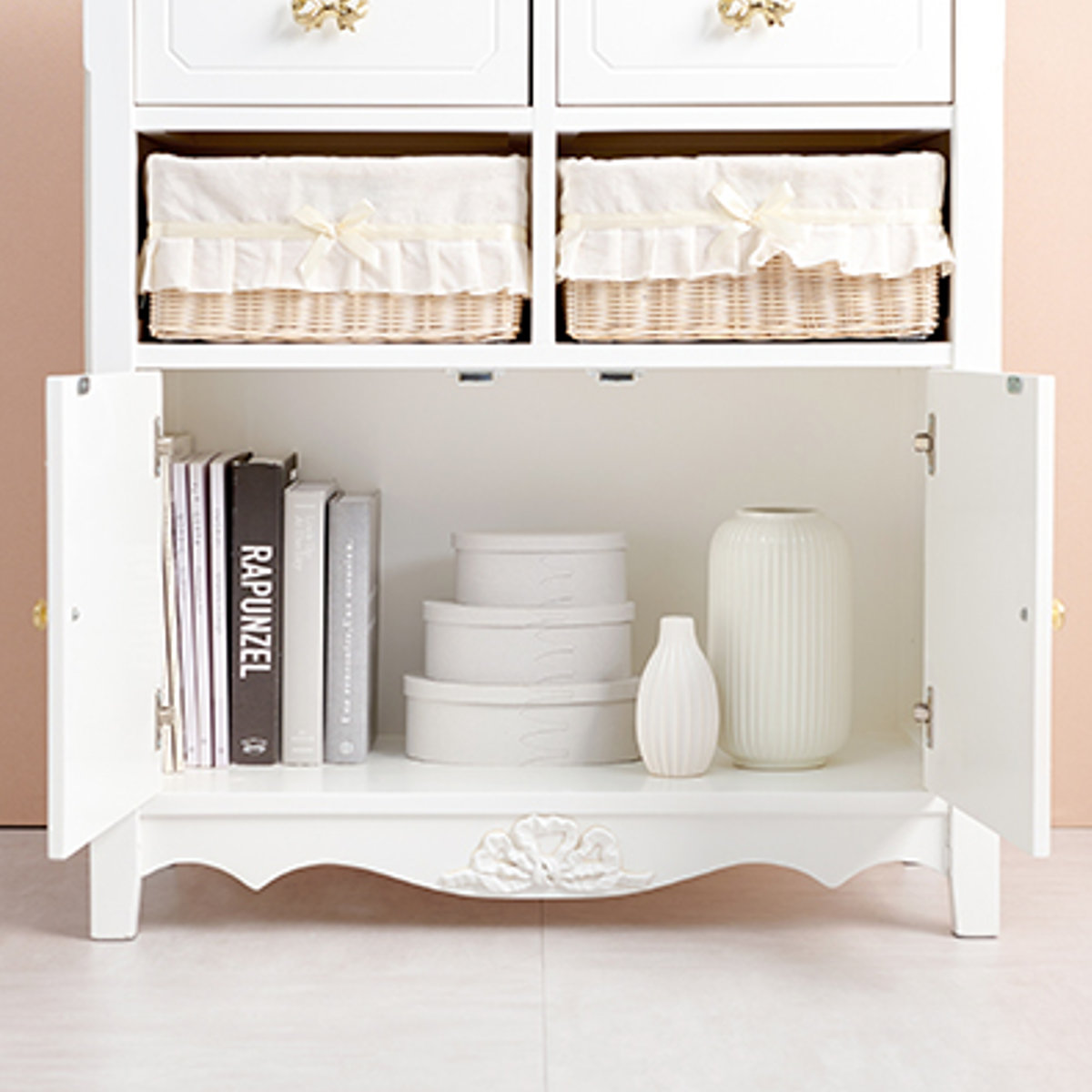 HAGiHARA（萩原） キャビネット バスケット付 姫系 白家具 リボン引手