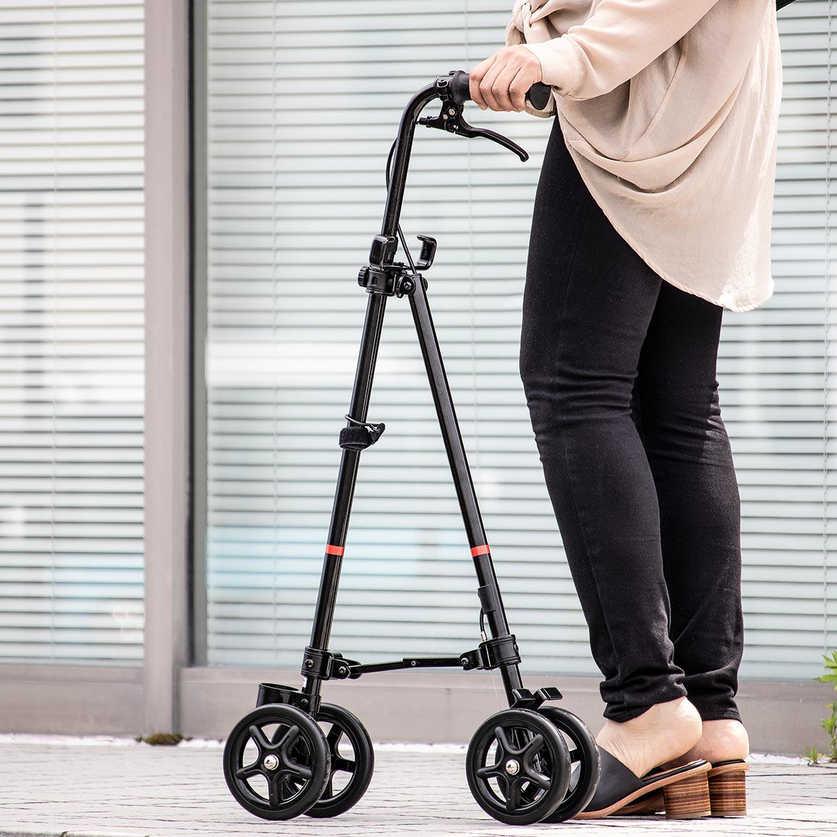 フジホーム 杖 ブラック 車輪付き 高さ調節 ハンドレールステッキ 介護