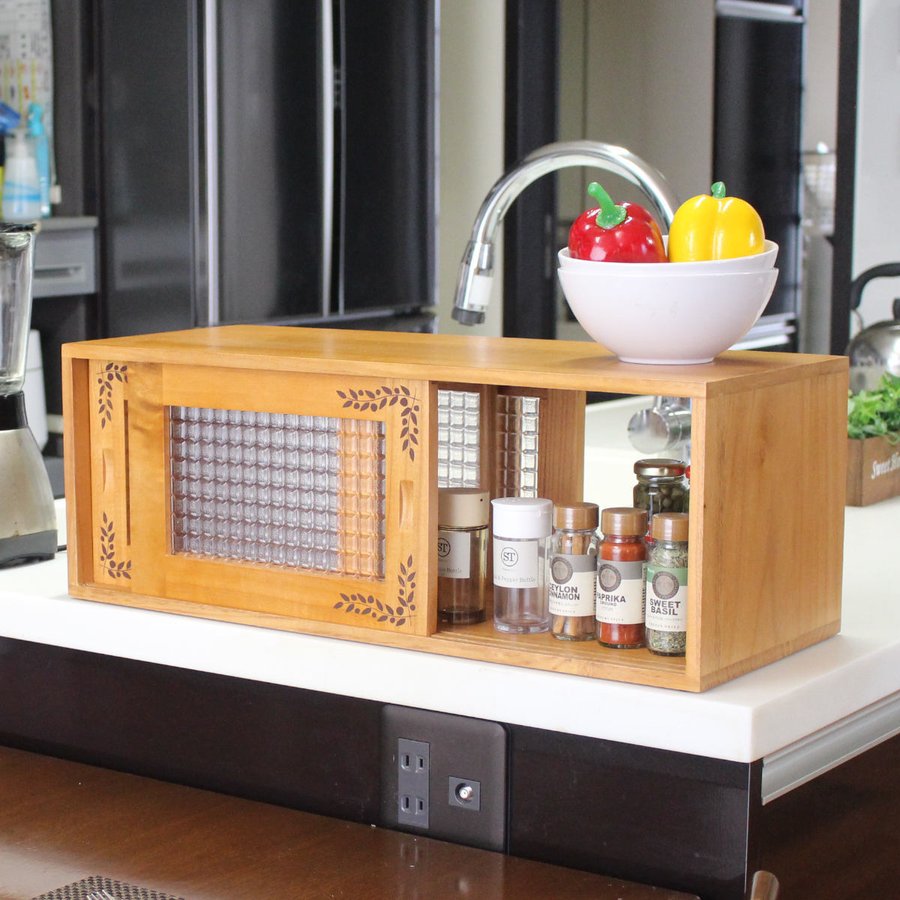 OSMAC カウンター上収納 カウンター上収納庫 幅60cm リーフ柄 木製