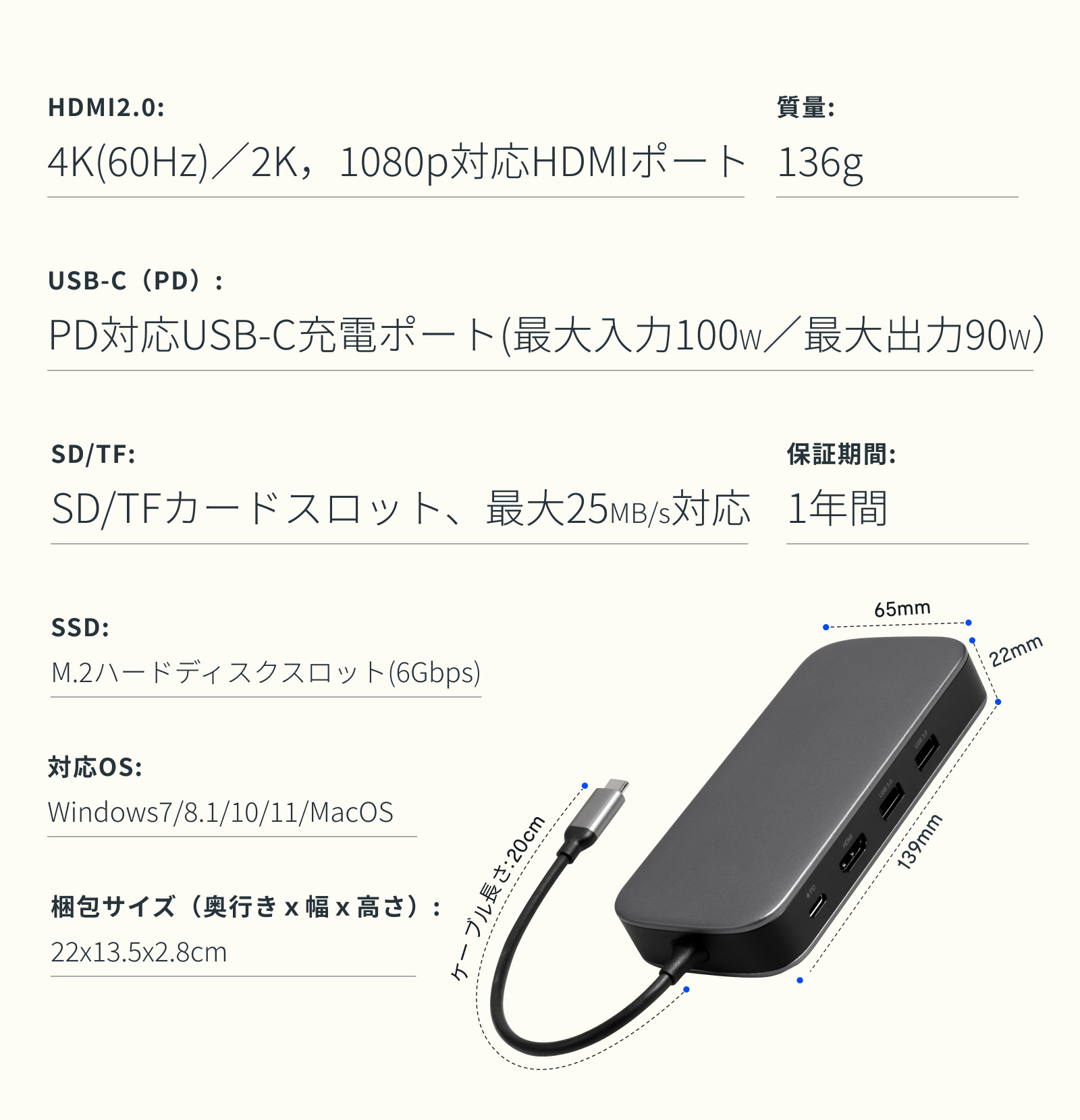 FlexiSpot USBハブ 7IN1 ドッキングステーション USB-C TYPE-C PD