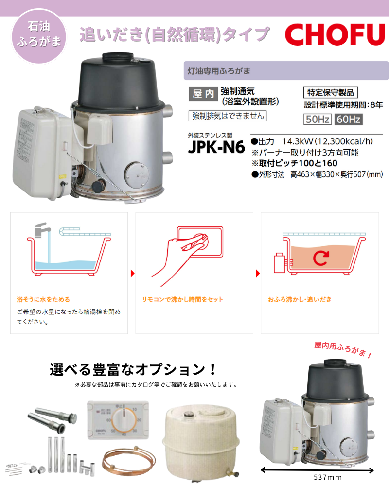 CHOFU ☆長府製作所 JPK-N6 石油ふろがま 灯油専用ふろがま 屋内浴室外