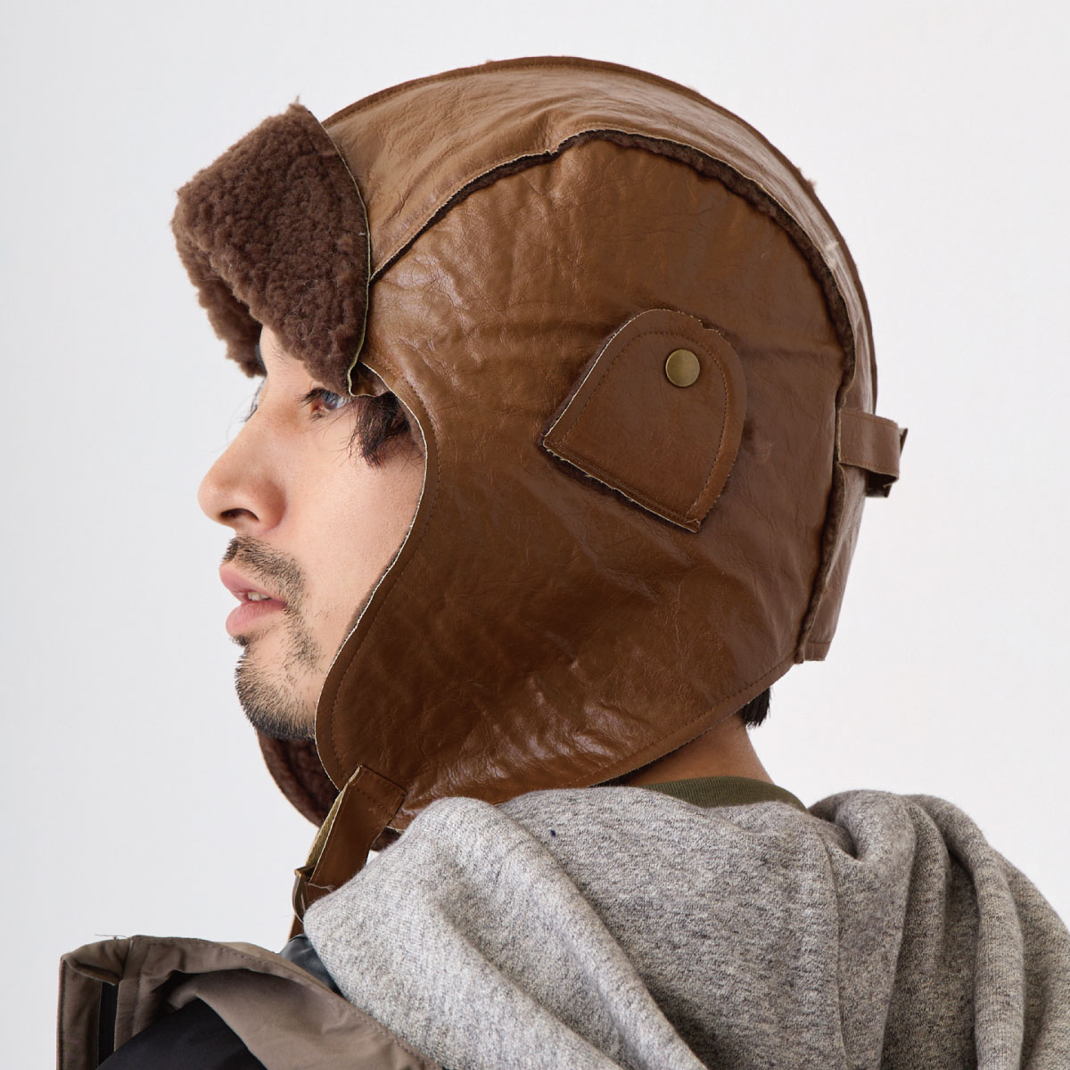 レザー調 BIGフライトキャップ 62cm-65cm 秋冬 耳あて メンズ 帽子 裏