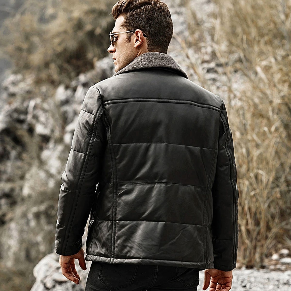 送料無料!】全10サイズ メンズ シープファーカラー ブラックラムスキン