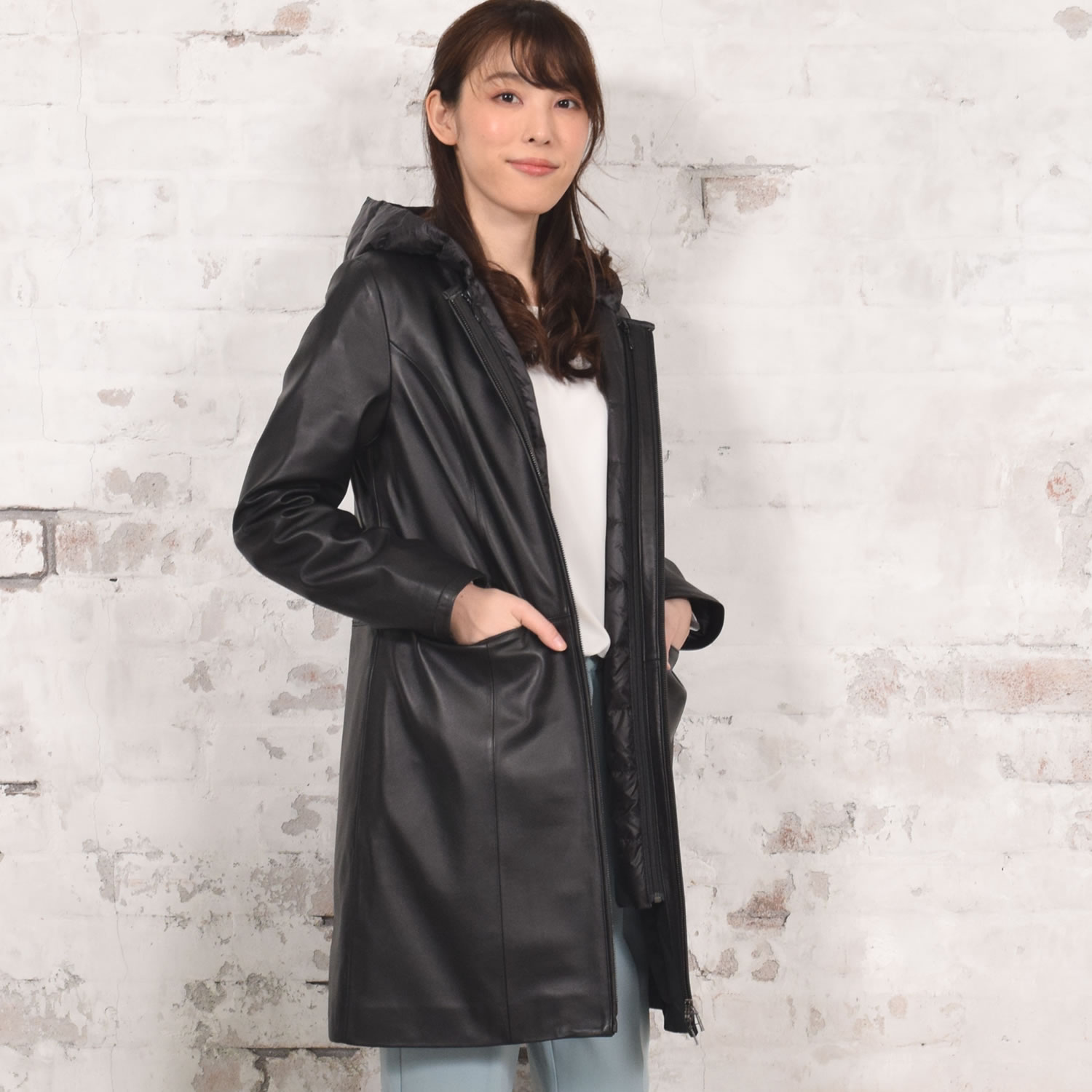 Merfirge 爆買 3WAY レザーコート ダウンベスト付 ノーカラー レザー