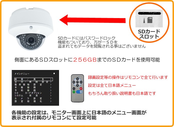 防犯カメラ 監視カメラ SDカード録画 高画質 ドーム型 MTD-SD03FHD 200