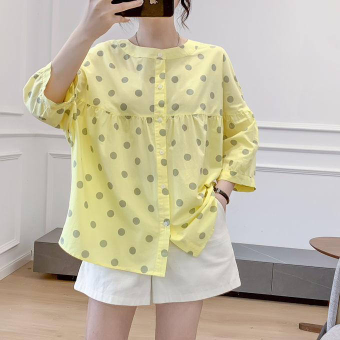 レディース ドット ブラウス 水玉 大きめ水玉 カラー シャツ ラウンド