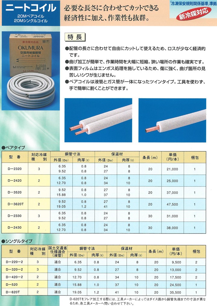 送料無料 冷媒管シングルコイル 4分（12.70mm） 20m巻 D-420-2 新冷媒