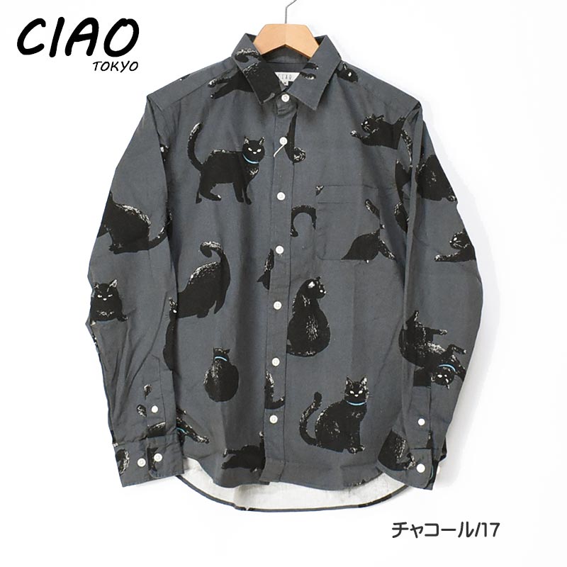 CIAO（チャオ） 長袖シャツ 黒猫 メンズ COTTON PRINT SHIRTS CAT ねこ