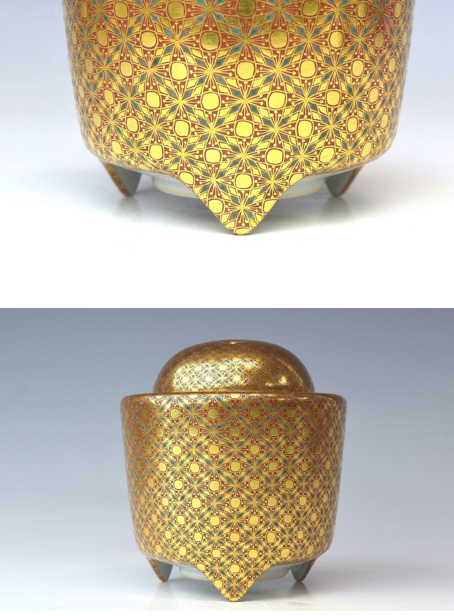趣楽】 希少 四代 上出喜山 最上手作品 金襴手五彩小紋文様香炉 共箱