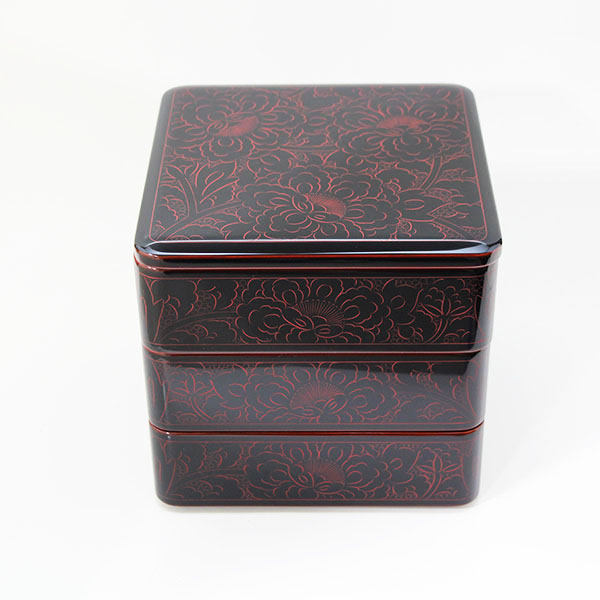 重箱 3段 木製 漆塗り 溜内朱 牡丹 朱沈金 6.5寸 日本製 越前漆器 越前