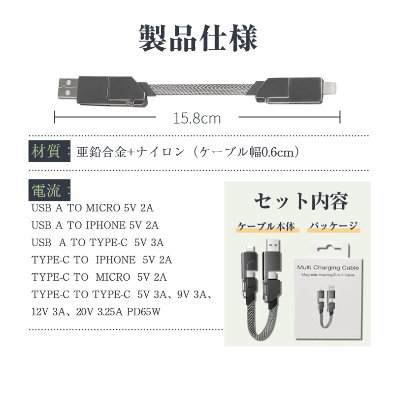 iPhone 17/16ケーブル 6in1 USBケーブル iPhone15 16Plus 16Pro