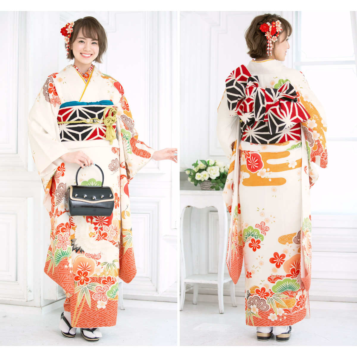 振袖セット 白系 オフホワイト 松竹梅 桜 雲取り 紗綾型 絵羽柄 正絹