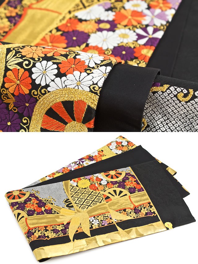 袋帯 振袖用 未仕立て 黒 金 竹 菊 花 伊豆蔵(いづくら)織物 西陣 証紙