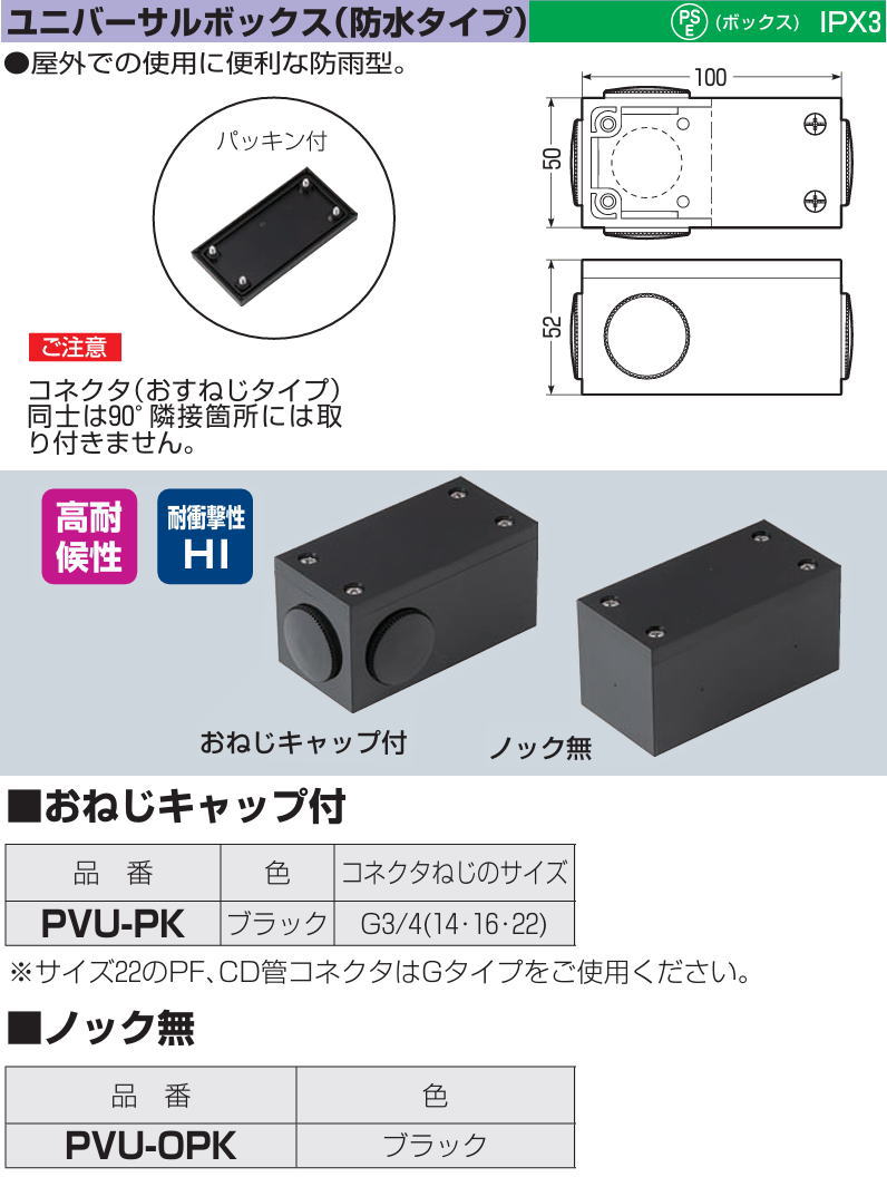 未来工業 ユニバーサルボックス 防水タイプ ノック無 PVU-OPK ブラック