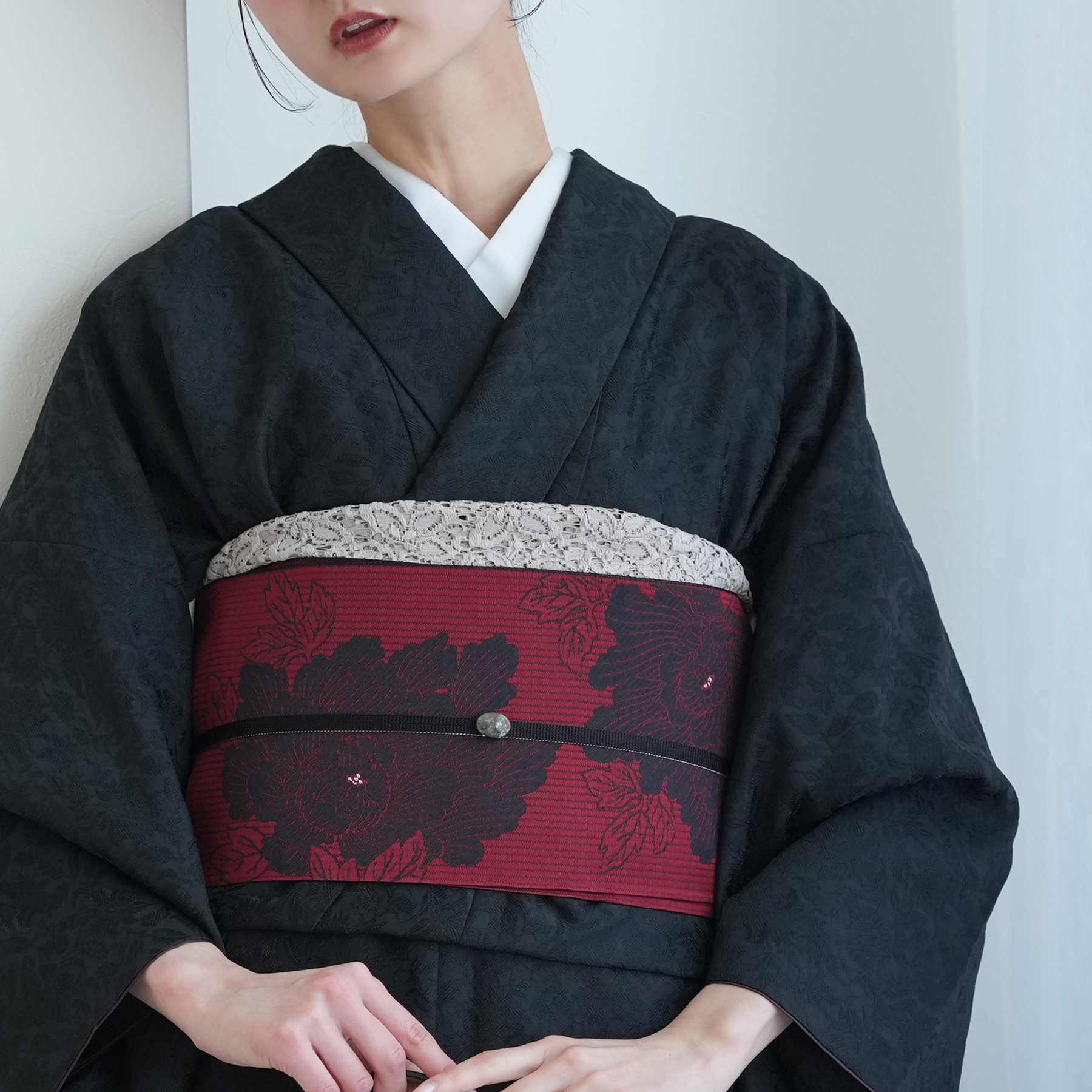 utatane 帯 小袋帯 正絹 半幅帯 博多織 長尺 リバーシブル 牡丹 レッド