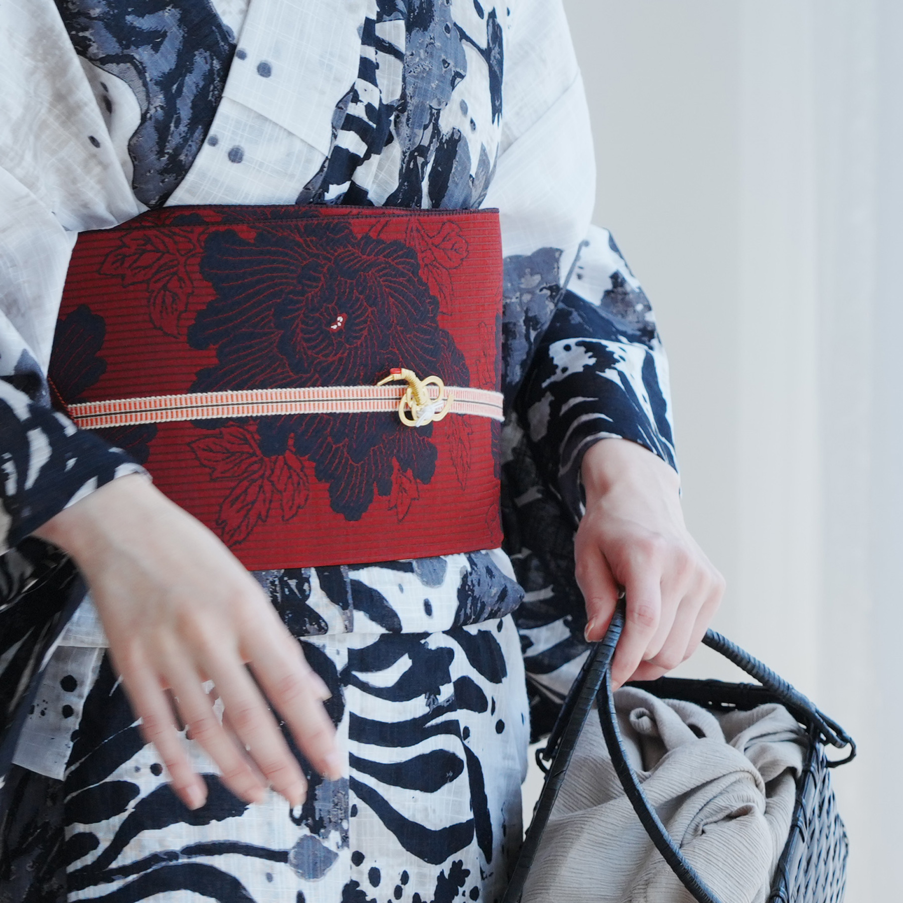 utatane 帯 小袋帯 正絹 半幅帯 博多織 長尺 リバーシブル 牡丹 レッド