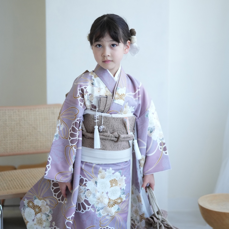 レンタル 七五三 着物 7歳 ひよこ商店 古典柄 レトロ 四つ身 花 紫系