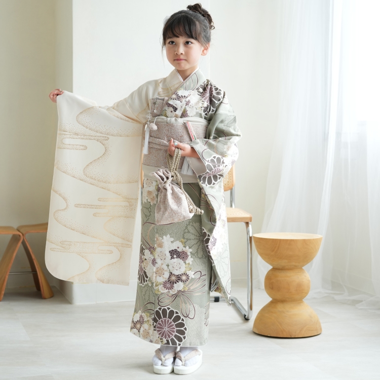 レンタル 七五三 着物 7歳 ひよこ商店 古典柄 レトロ 花 四つ身 半身