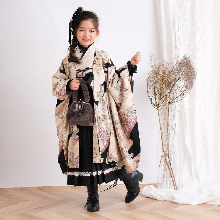 レンタル 七五三 7歳 女の子 着物セット 九重 レトロ モダン 花 黒系