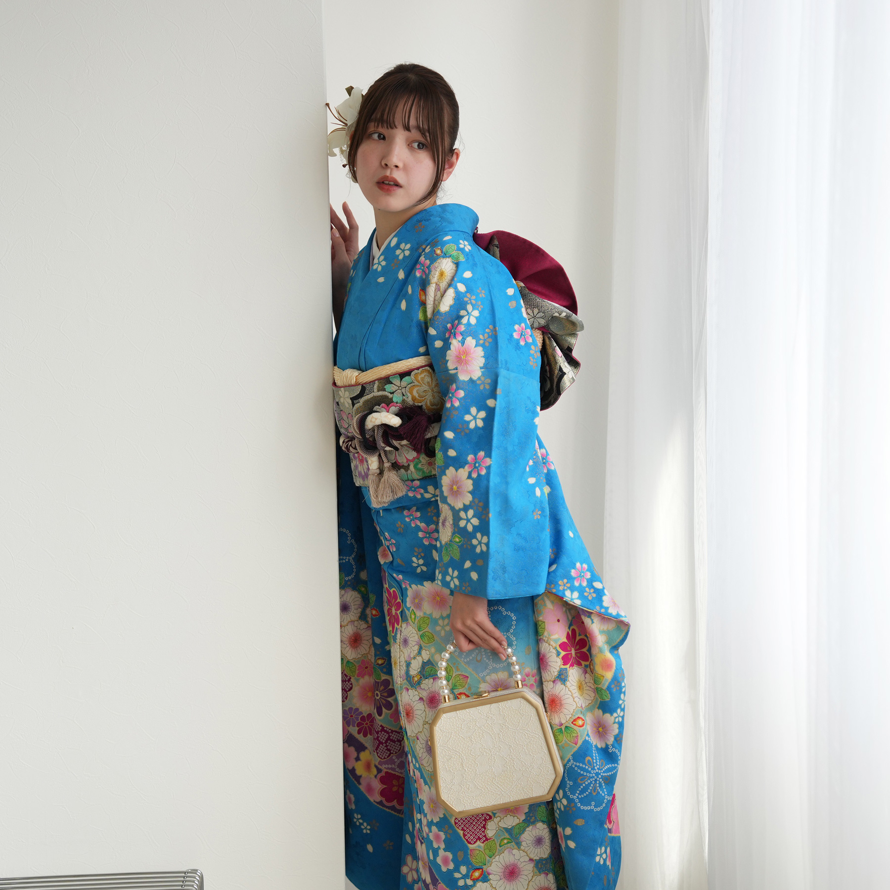 振袖 レンタル 成人式 21点セット レトロ 成人式セット 花 水色系 正絹